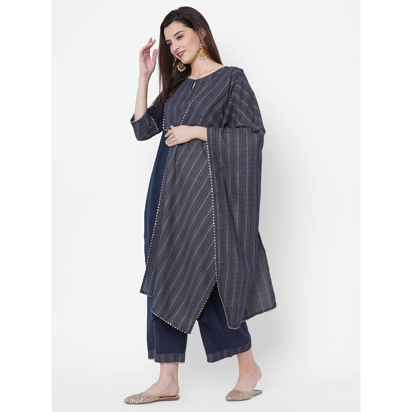 ANNI DESIGNER Women's Cotton Blend Straight Printed Kurta with Pant & Dupatta (Jam001-Dark Blue_S_Dark Blue_Small)
