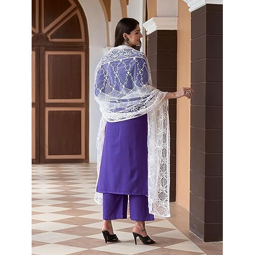 ANNI DESIGNER Women's Cotton Blend Straight Embroidered Kurta with Palazzo & Dupatta (Ditto BEGNI_S_Blue_Small)