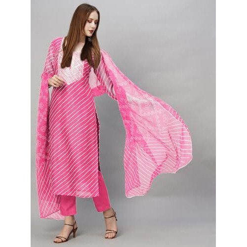 ANNI DESIGNER Women's Cotton Blend Straight Printed Kurta with Pant & Dupatta (Doremi Baby Pink_S_Baby Pink_Small)
