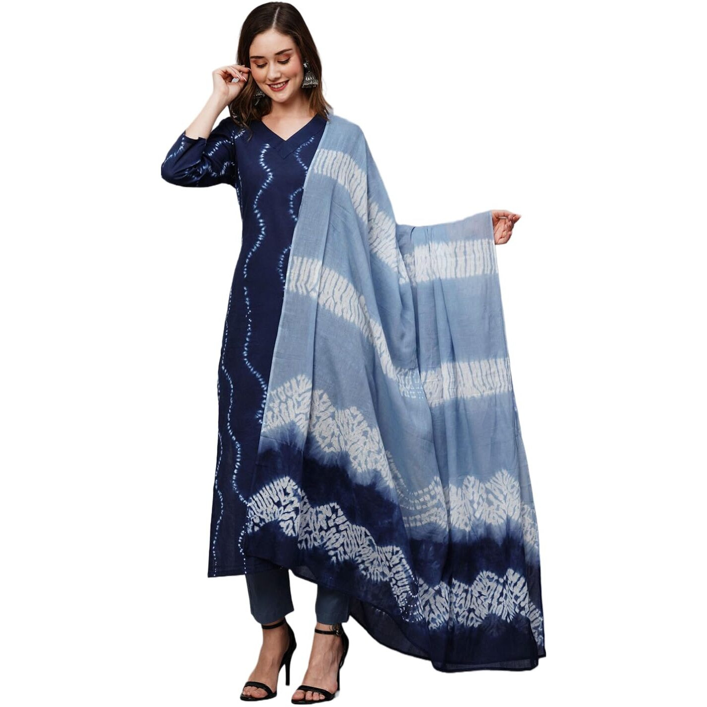 ANNI DESIGNER Women's Cotton Blend Straight Printed Kurta with Pant & Dupatta (Urmila Blue-NW_S_Blue_Small)