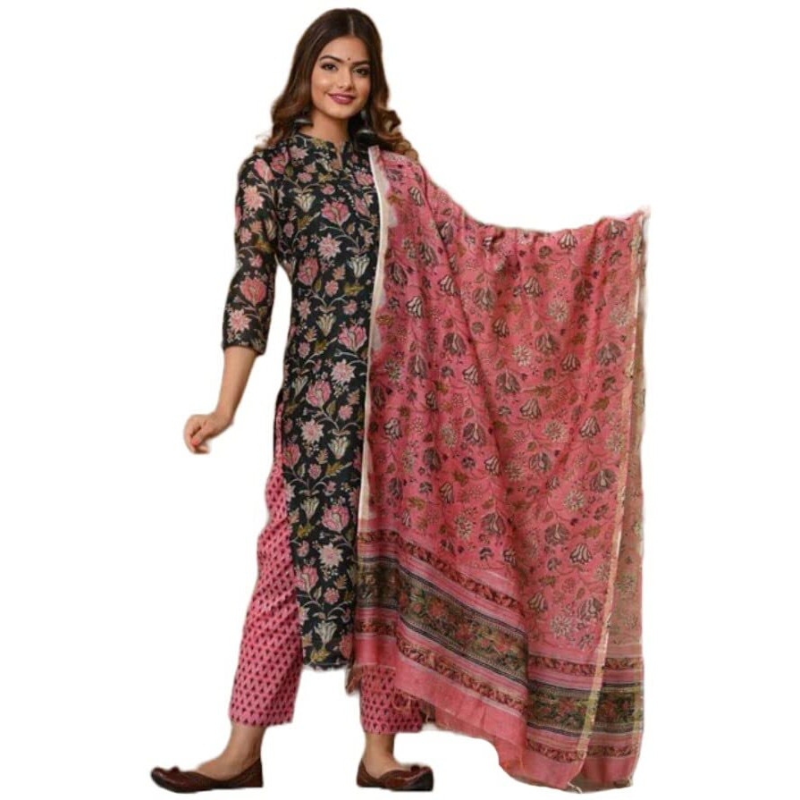 ANNI DESIGNER Women's Cotton Blend Straight Printed Kurta with Pant & Dupatta (Green-JORAV_M_Green_Medium)