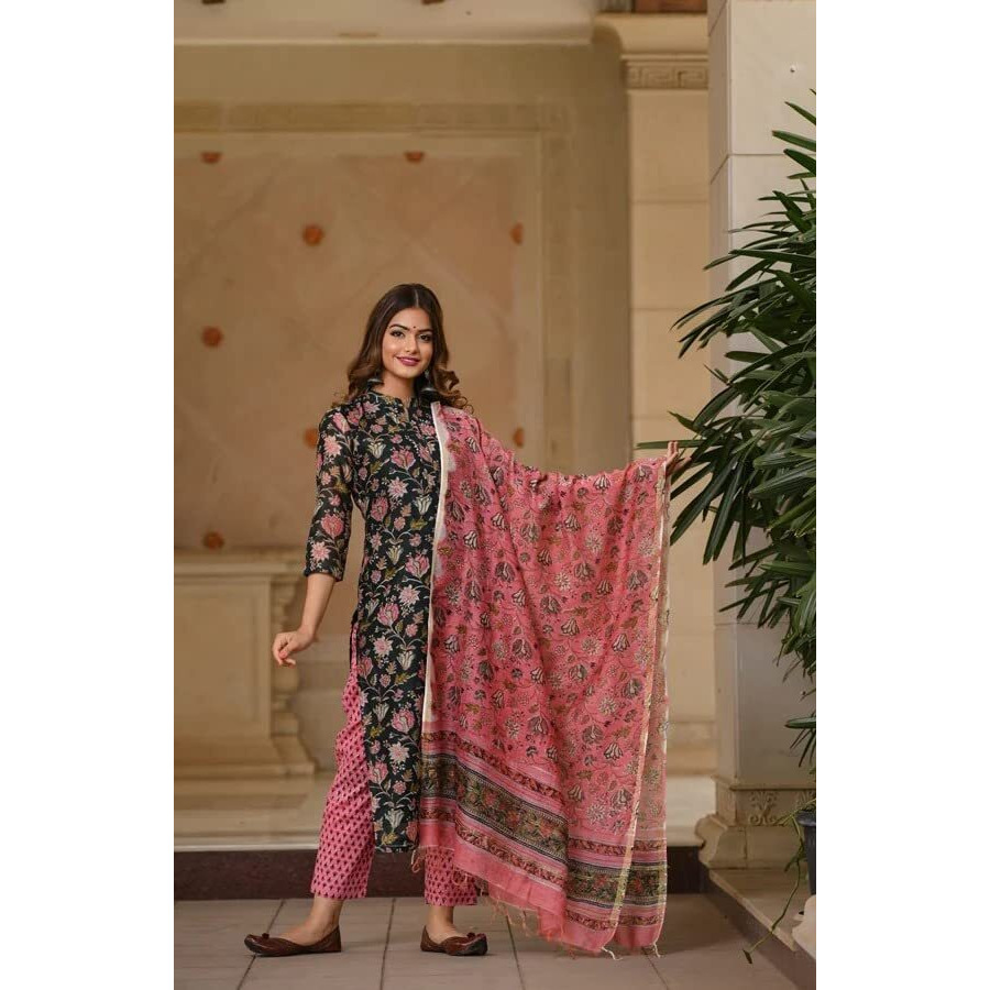 ANNI DESIGNER Women's Cotton Blend Straight Printed Kurta with Pant & Dupatta (Green-JORAV_M_Green_Medium)