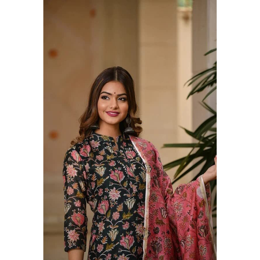 ANNI DESIGNER Women's Cotton Blend Straight Printed Kurta with Pant & Dupatta (Green-JORAV_M_Green_Medium)