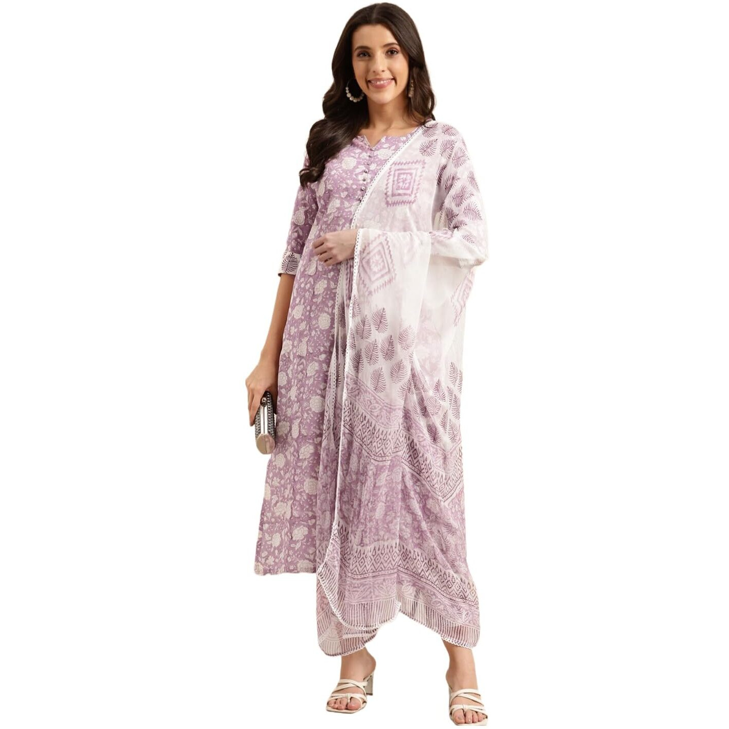 ANNI DESIGNER Women's Cotton Blend Straight Printed Kurta with Pant & Dupatta (Ratnapriya Purple-NWG_XL_Purple_X-Large)