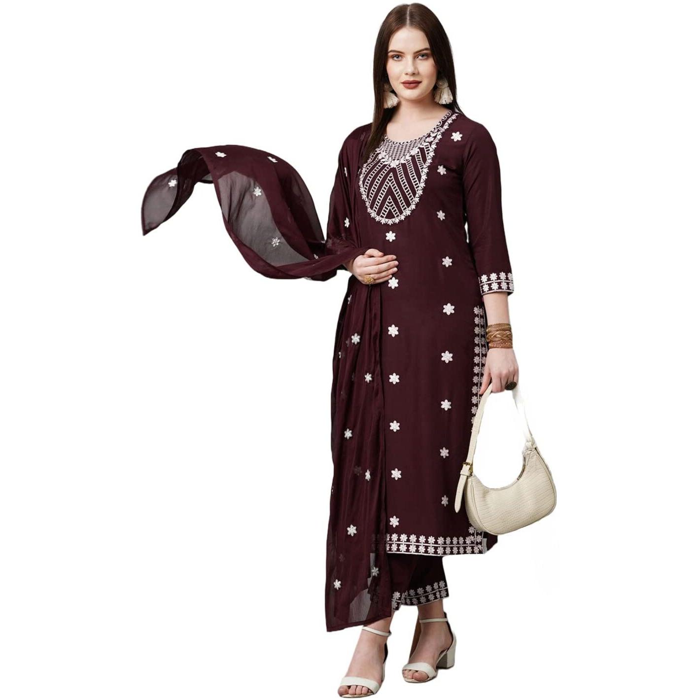 ANNI DESIGNER Women's Cotton Blend Embroidered Straight Kurta with Pant & with Dupatta (Dalfuna Wine_S_Wine_Small)