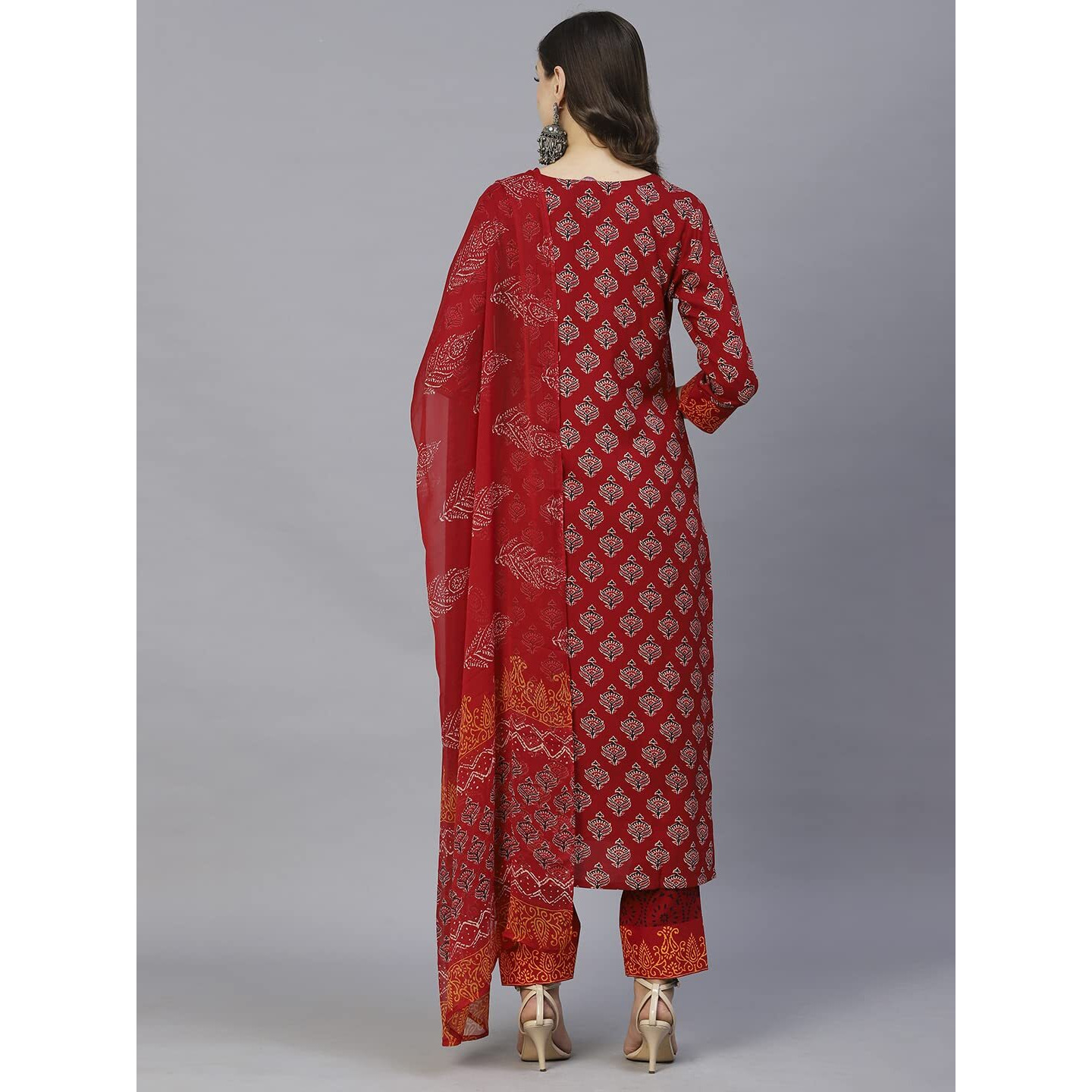 ANNI DESIGNER Women's Cotton Blend Floral Printed Straight Kurta with Pants & Dupatta (Shank-Maroon-CGD_XL_Red_X-Large)