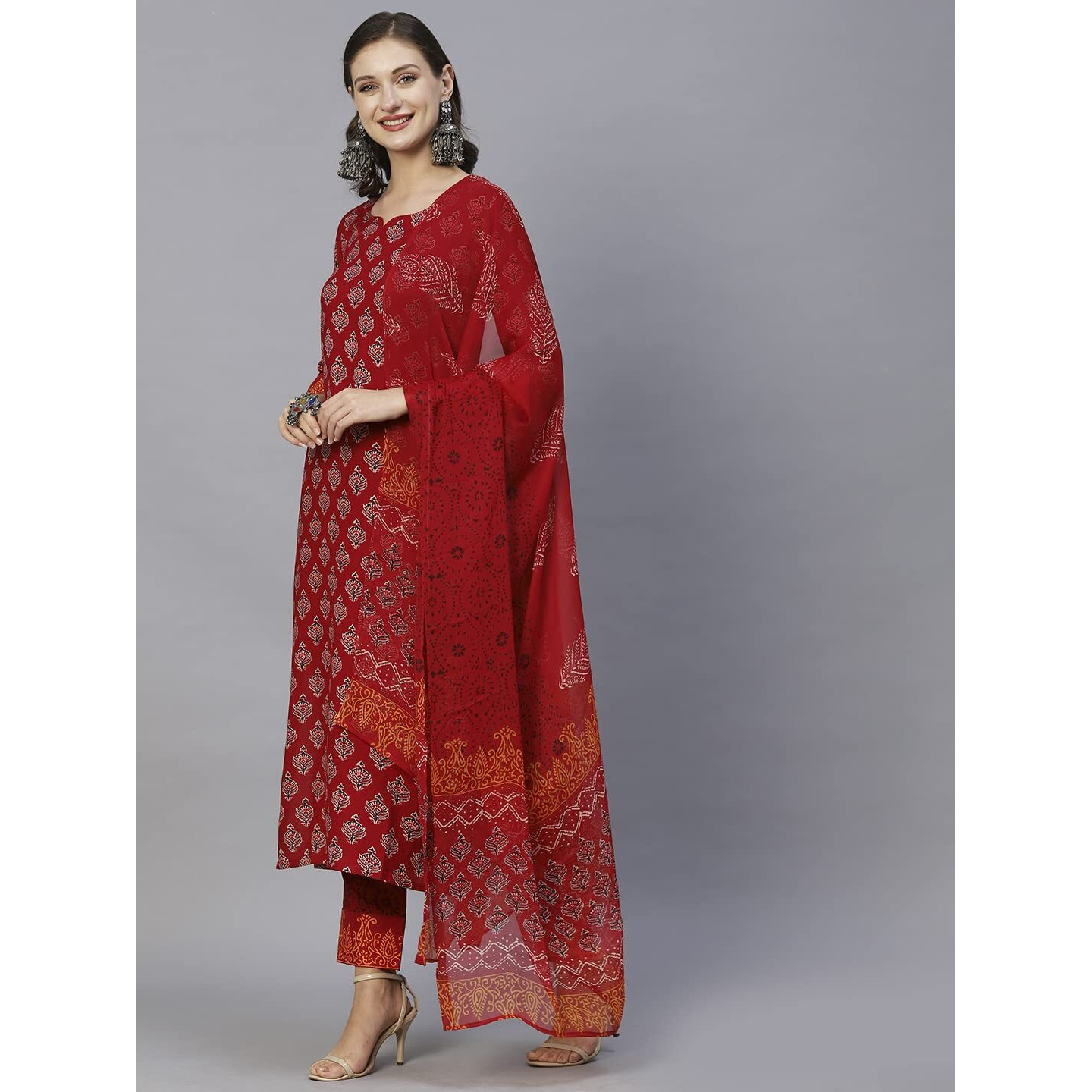 ANNI DESIGNER Women's Cotton Blend Floral Printed Straight Kurta with Pants & Dupatta (Shank-Maroon-CGD_XL_Red_X-Large)