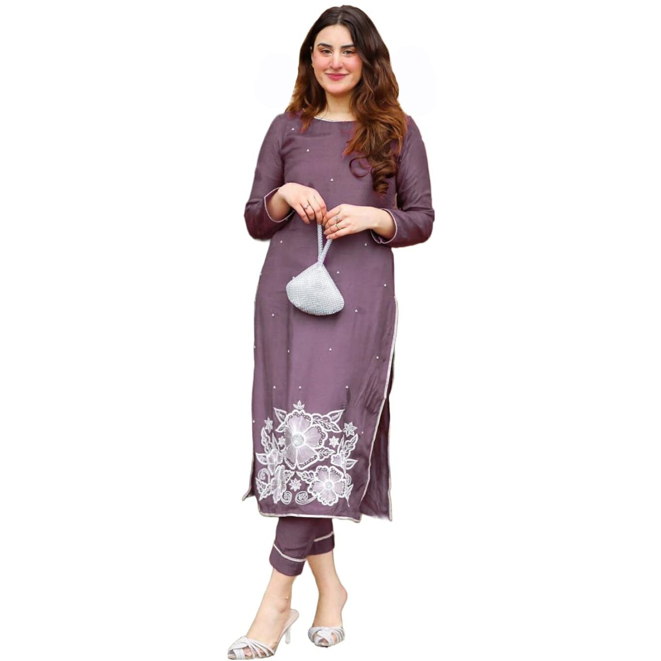 ANNI DESIGNER Women's Rayon Straight Embroidered Kurta with Pant Set (Pital-Purple_S_Purple_Small)
