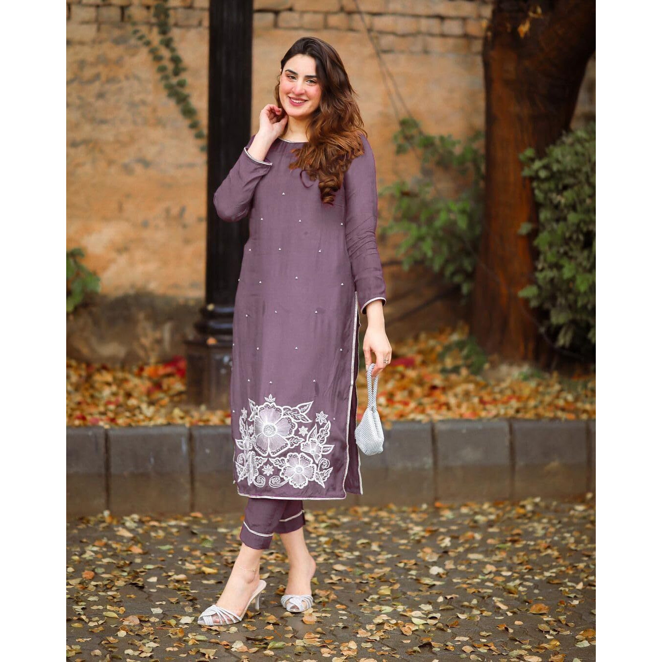 ANNI DESIGNER Women's Rayon Straight Embroidered Kurta with Pant Set (Pital-Purple_S_Purple_Small)