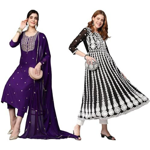 ANNI DESIGNER Women's Cotton Blend Embroidered Straight Kurti Pant Dupatta Set Combo Pack of 2 (Kasturi Begani & Kari Black_2110_Multicolor_Medium)