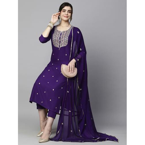 ANNI DESIGNER Women's Cotton Blend Embroidered Straight Kurti Pant Dupatta Set Combo Pack of 2 (Kasturi Begani & Kari Black_2110_Multicolor_Medium)