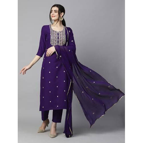 ANNI DESIGNER Women's Cotton Blend Embroidered Straight Kurti Pant Dupatta Set Combo Pack of 2 (Kasturi Begani & Kari Black_2110_Multicolor_Medium)