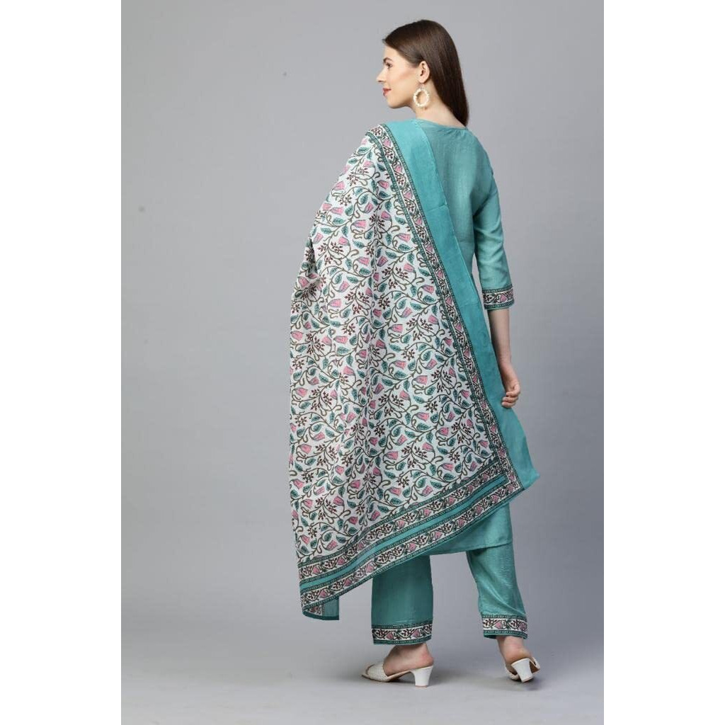 ANNI DESIGNER Women's Silk Blend Straight Kurta with Pant & Dupatta (Deal-SEA-Green_XXL_Green_XX-Large)