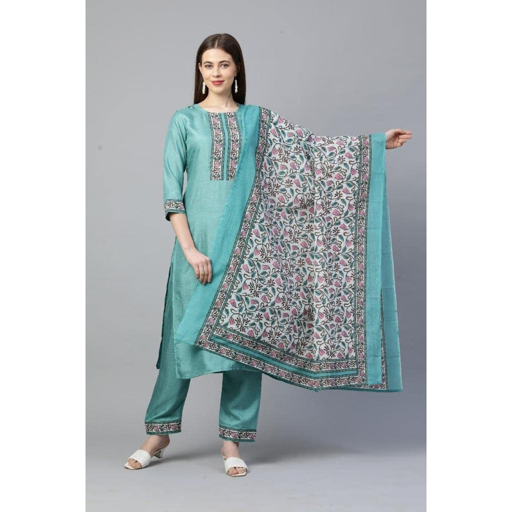 ANNI DESIGNER Women's Silk Blend Straight Kurta with Pant & Dupatta (Deal-SEA-Green_XXL_Green_XX-Large)