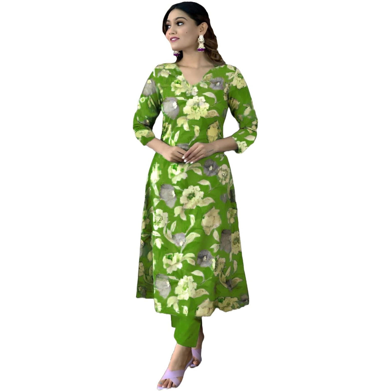 ANNI DESIGNER Women's Cotton Blend Straight Printed Kurta with Pant (DHUN Green_S_Green_Small)