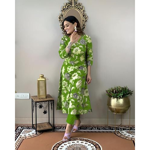 ANNI DESIGNER Women's Cotton Blend Straight Printed Kurta with Pant (DHUN Green_S_Green_Small)