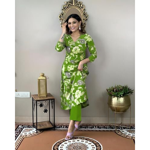 ANNI DESIGNER Women's Cotton Blend Straight Printed Kurta with Pant (DHUN Green_S_Green_Small)