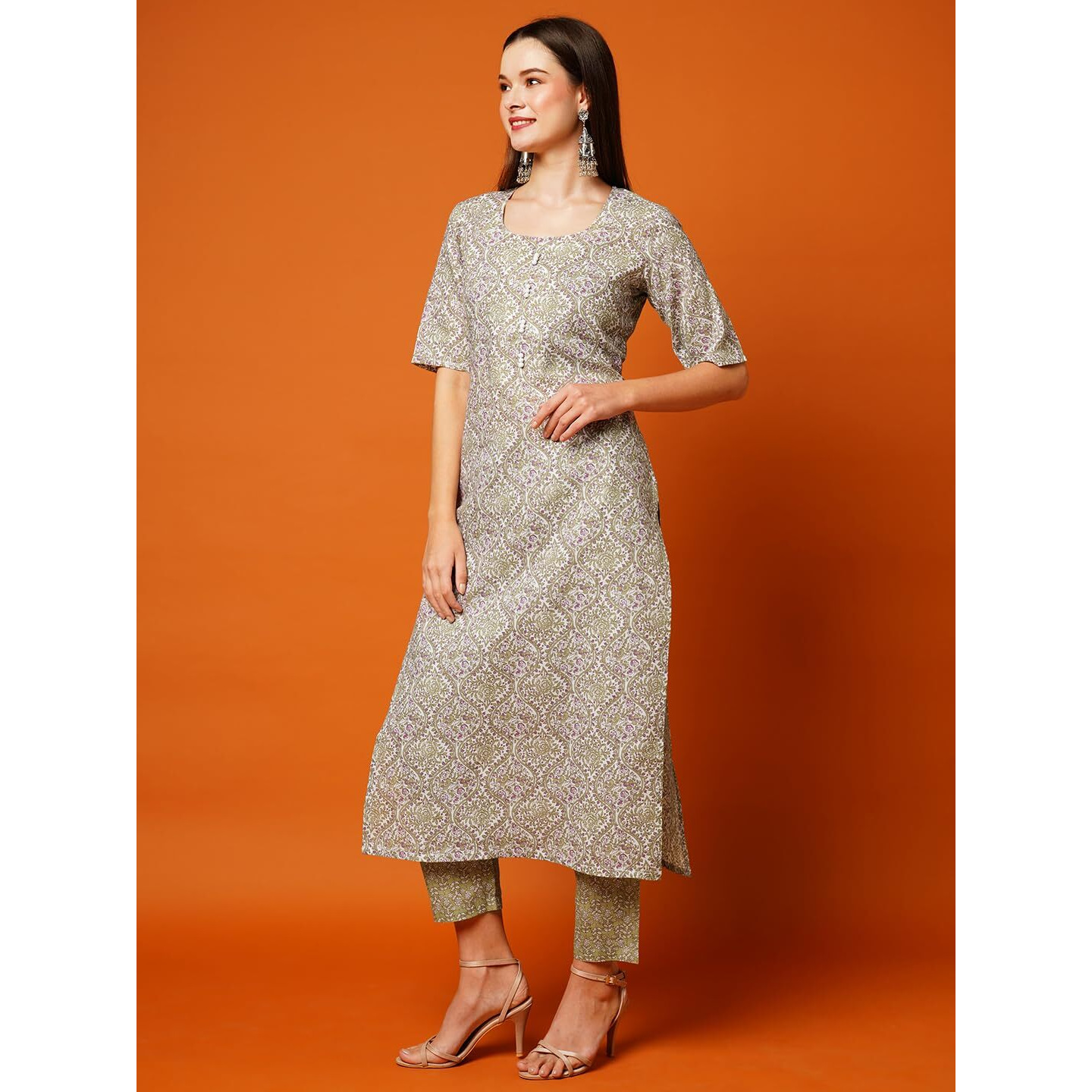 ANNI DESIGNER Women's Cotton Blend Printed Straight Kurta with Pant (BATAKLI-Pista_S_Pista_Small)