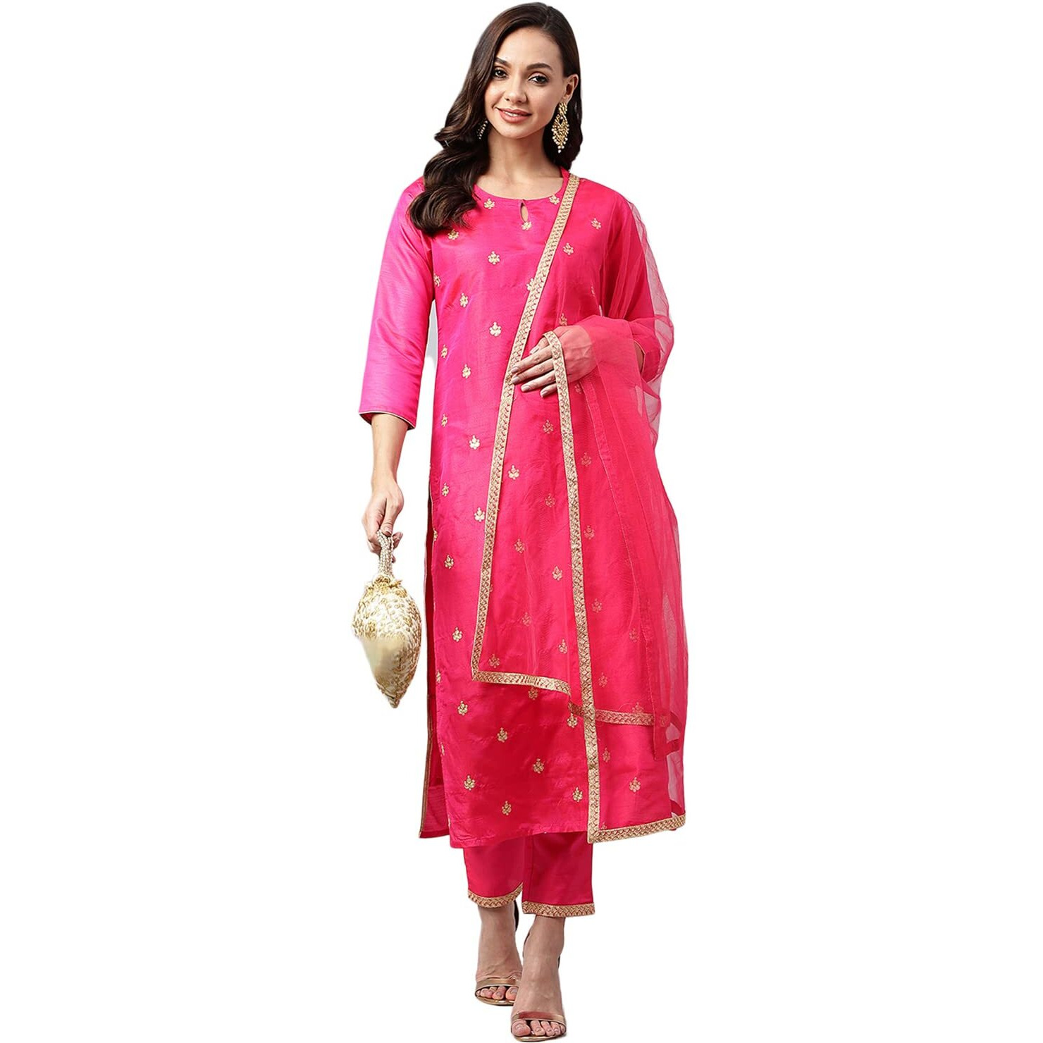 ANNI DESIGNER Women's Cotton Blend Straight Embroidered Kurta with Pant & Dupatta (Dipika Rani_S_Pink_Small)