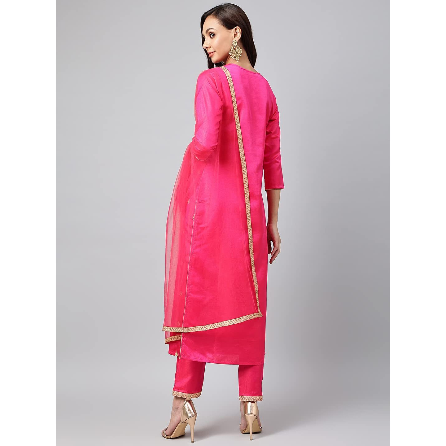 ANNI DESIGNER Women's Cotton Blend Straight Embroidered Kurta with Pant & Dupatta (Dipika Rani_S_Pink_Small)