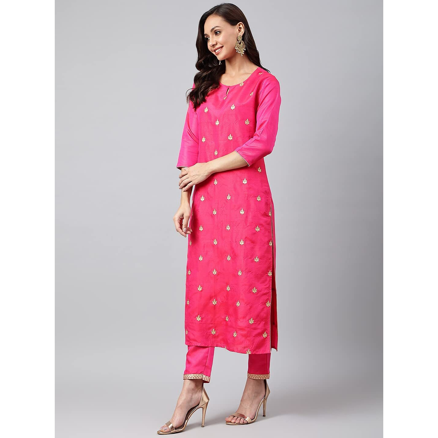 ANNI DESIGNER Women's Cotton Blend Straight Embroidered Kurta with Pant & Dupatta (Dipika Rani_S_Pink_Small)