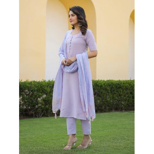 ANNI DESIGNER Women's Rayon Blend Printed Straight Kurta with Pant & Dupatta (Nukad Purple_XL_Purple_X-Large)