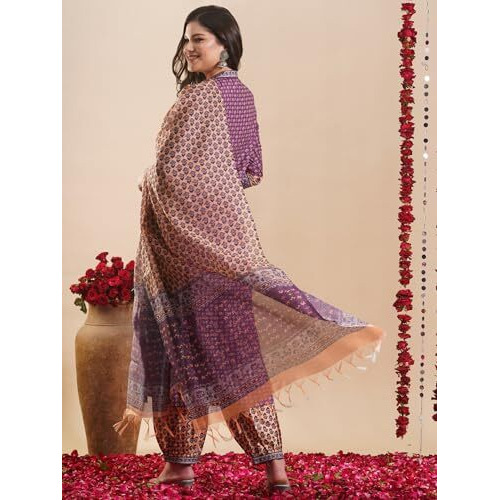 ANNI DESIGNER Women's Rayon Blend Straight Printed Kurta with Pant & Dupatta (JAAFERI PURPLE-VKS02_XL_Purple_X-Large)