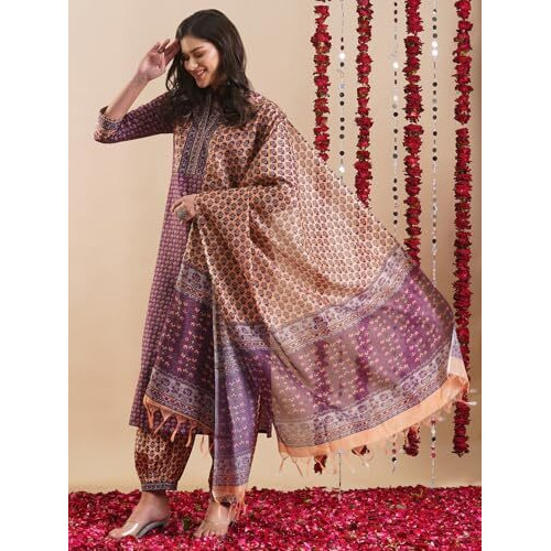 ANNI DESIGNER Women's Rayon Blend Straight Printed Kurta with Pant & Dupatta (JAAFERI PURPLE-VKS02_XL_Purple_X-Large)