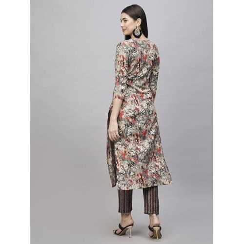 ANNI DESIGNER Women's Cotton Blend Straight Printed Kurta with Pant (Seep Grey_M_Grey_Medium)