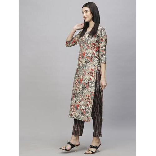 ANNI DESIGNER Women's Cotton Blend Straight Printed Kurta with Pant (Seep Grey_M_Grey_Medium)