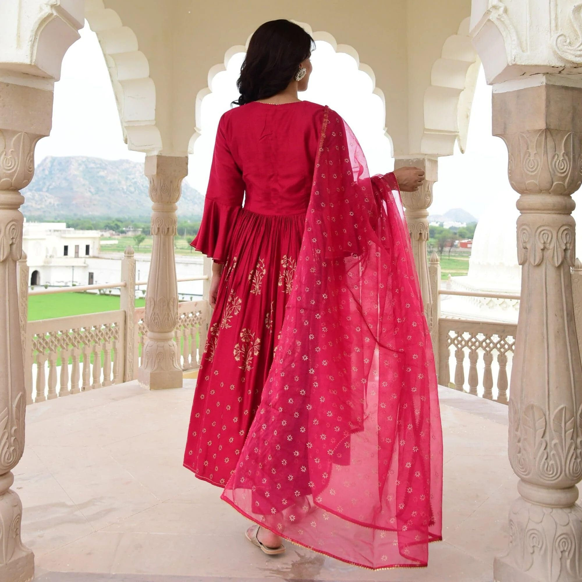 ANNI DESIGNER Women's Rayon Blend Anarkali Printed Kurta with Pant & Dupatta (KUNDAVAI Pink_XXL_Pink_XX-Large)