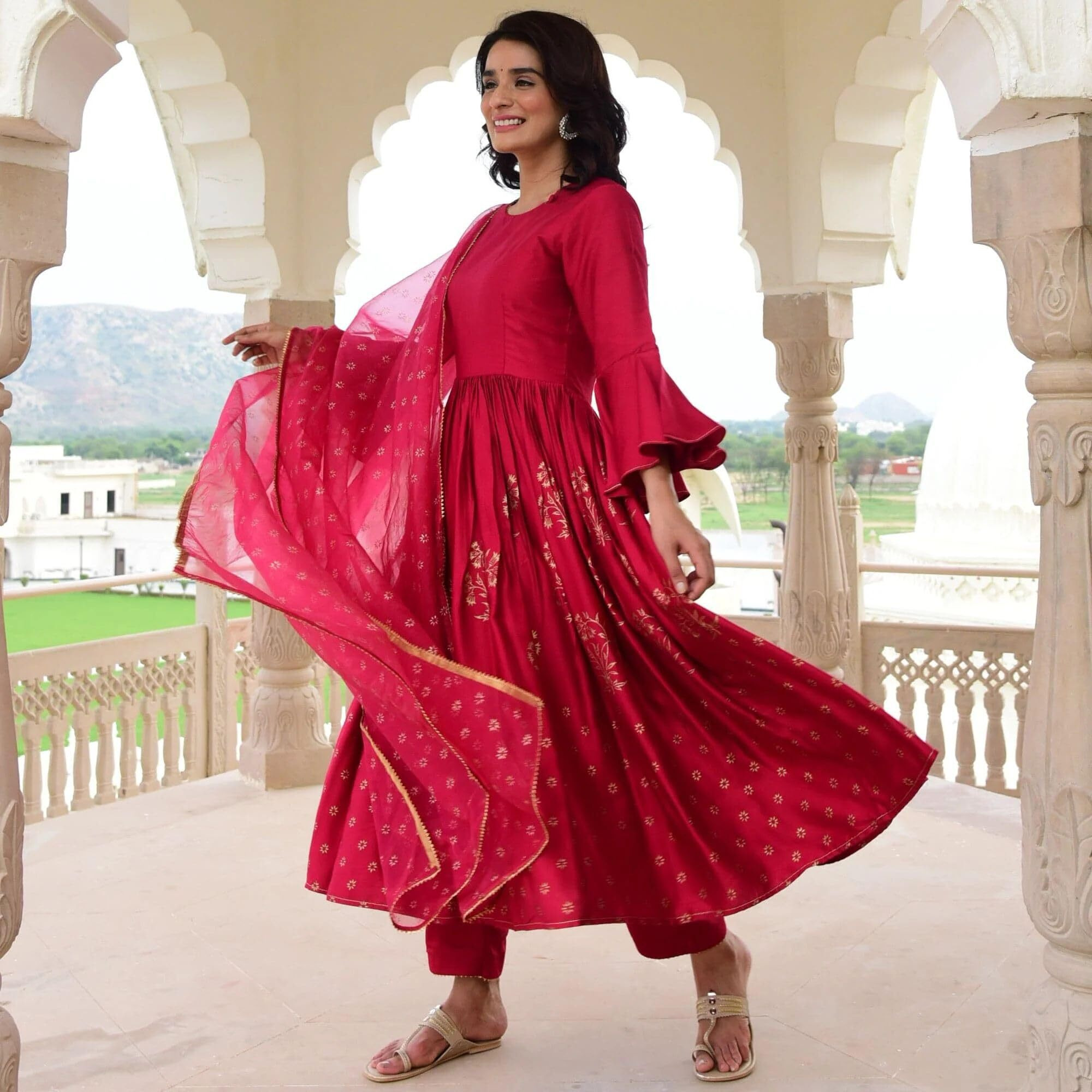 ANNI DESIGNER Women's Rayon Blend Anarkali Printed Kurta with Pant & Dupatta (KUNDAVAI Pink_XXL_Pink_XX-Large)