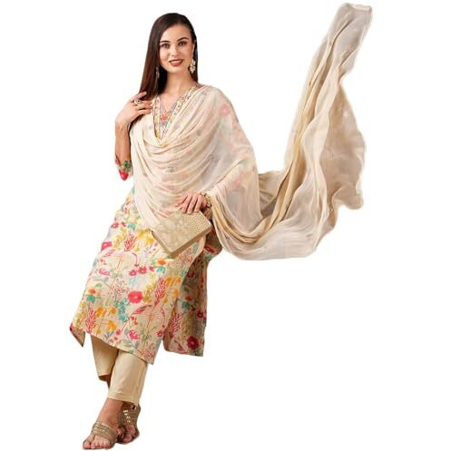 ANNI DESIGNER Women's Cotton Blend Straight Printed Kurta with Pant & Dupatta (Maket Cream_XL_Cream_X-Large)