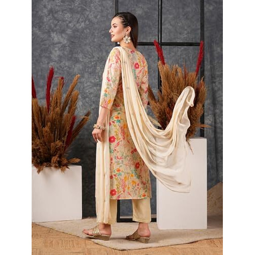 ANNI DESIGNER Women's Cotton Blend Straight Printed Kurta with Pant & Dupatta (Maket Cream_XL_Cream_X-Large)