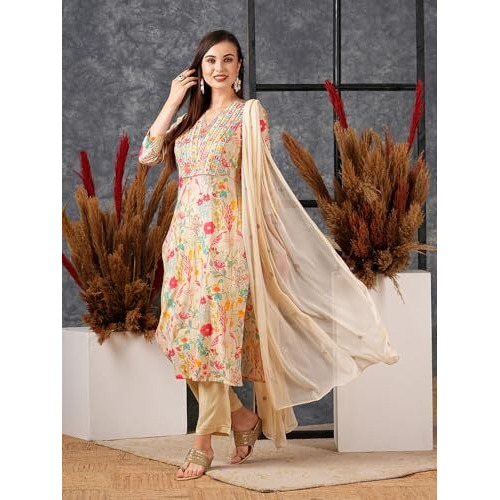 ANNI DESIGNER Women's Cotton Blend Straight Printed Kurta with Pant & Dupatta (Maket Cream_XL_Cream_X-Large)