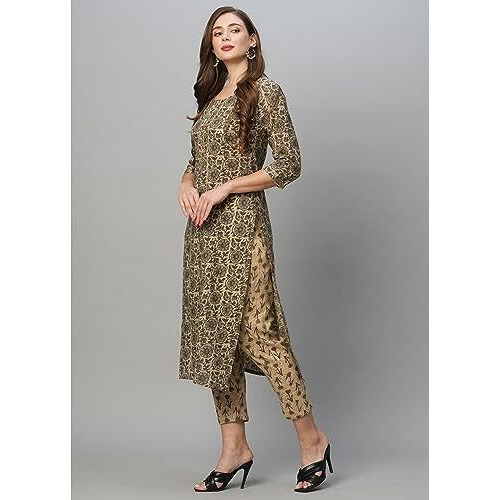 ANNI DESIGNER Women's Cotton Blend Straight Printed Kurta with Pant Set (Bhati-Beige_XL_Beige_X-Large)