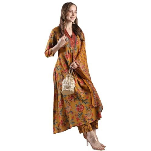 ANNI DESIGNER Women's Rayon Blend Anarkali Printed Kurta with Palazzo & Dupatta (CIA YELLOW-VKS05_L_Yellow_Large)