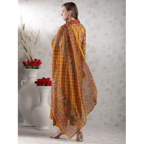 ANNI DESIGNER Women's Rayon Blend Anarkali Printed Kurta with Palazzo & Dupatta (CIA YELLOW-VKS05_L_Yellow_Large)