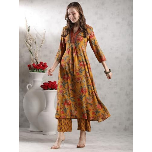 ANNI DESIGNER Women's Rayon Blend Anarkali Printed Kurta with Palazzo & Dupatta (CIA YELLOW-VKS05_L_Yellow_Large)