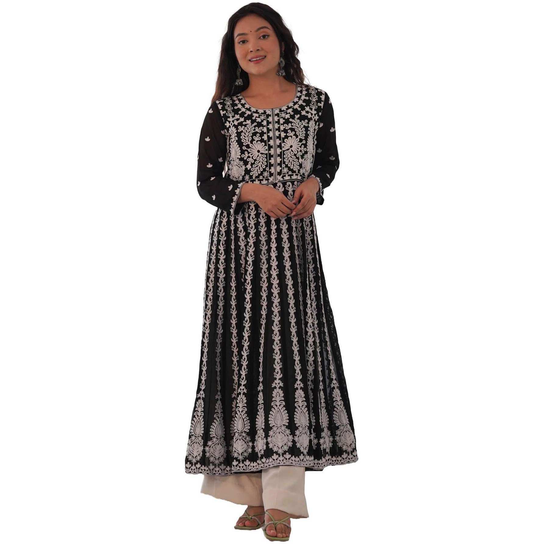 ANNI DESIGNER Women's Georgette Chikankari Embroidered Anarkali Kurti (Kari Black-KBV_L_Black_Large)