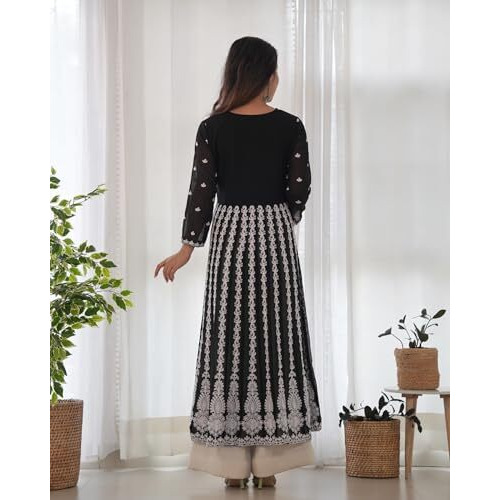 ANNI DESIGNER Women's Georgette Chikankari Embroidered Anarkali Kurti (Kari Black-KBV_L_Black_Large)