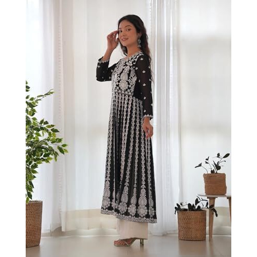 ANNI DESIGNER Women's Georgette Chikankari Embroidered Anarkali Kurti (Kari Black-KBV_L_Black_Large)