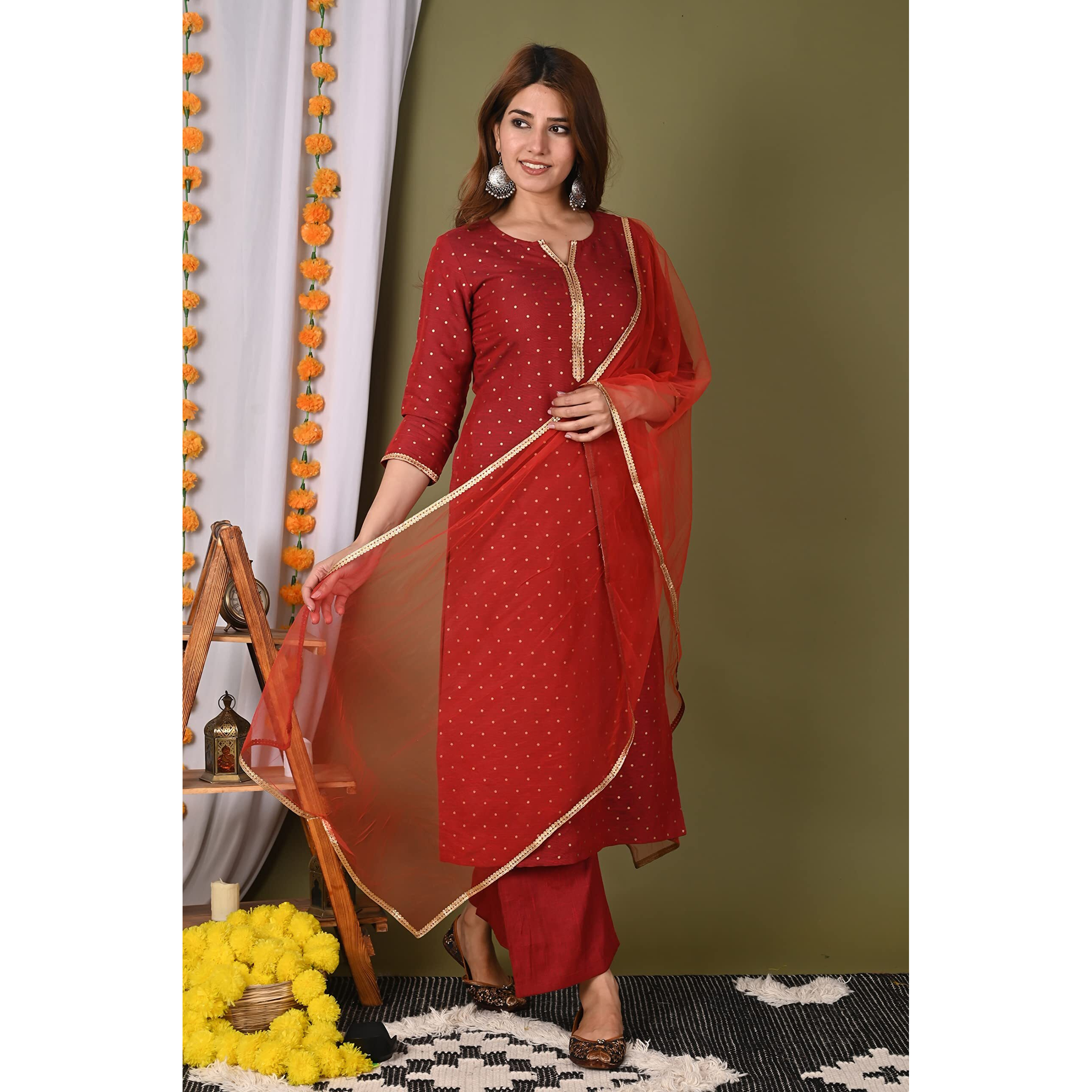 ANNI DESIGNER Women's Cotton Blend Straight Printed Kurta with Palazzo and Dupatta (PRITU-RED_XL Red_X-Large)