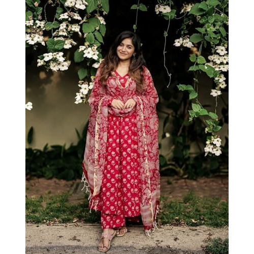 ANNI DESIGNER Women's Rayon Blend Anarkali Printed Kurta with Pant & Dupatta (OOH Red_S_Red_Small)