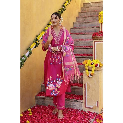ANNI DESIGNER Women's Rayon Blend Printed Straight Kurta with Pant & Dupatta (Sanskrit Rani_XL_Pink_X-Large)