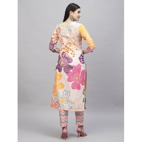 ANNI DESIGNER Women's Cotton Blend Straight Printed Kurta with Pant (Wahida White_S_White_Small)