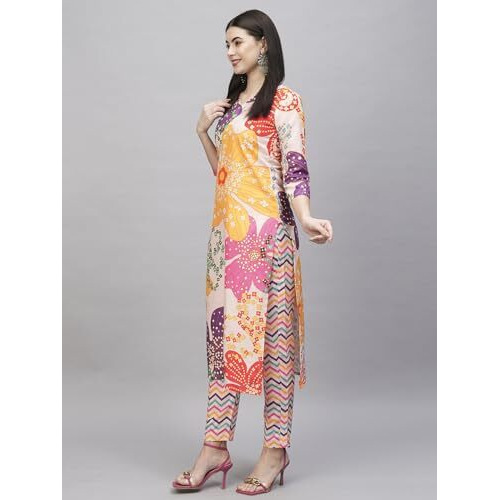 ANNI DESIGNER Women's Cotton Blend Straight Printed Kurta with Pant (Wahida White_S_White_Small)