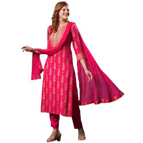 ANNI DESIGNER Women's Cotton Blend Straight Printed Kurta with Pant & Dupatta (Ajapina Pink-NW_M_Pink_Medium)