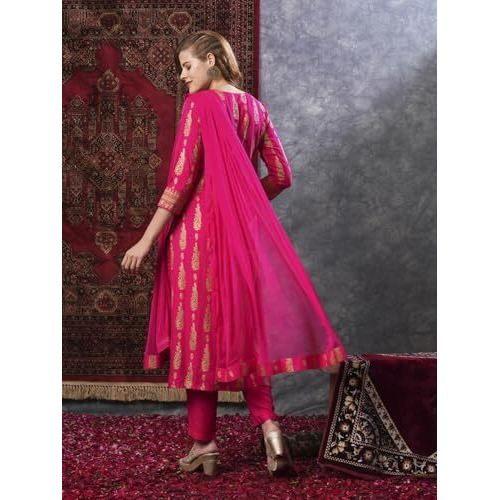 ANNI DESIGNER Women's Cotton Blend Straight Printed Kurta with Pant & Dupatta (Ajapina Pink-NW_M_Pink_Medium)