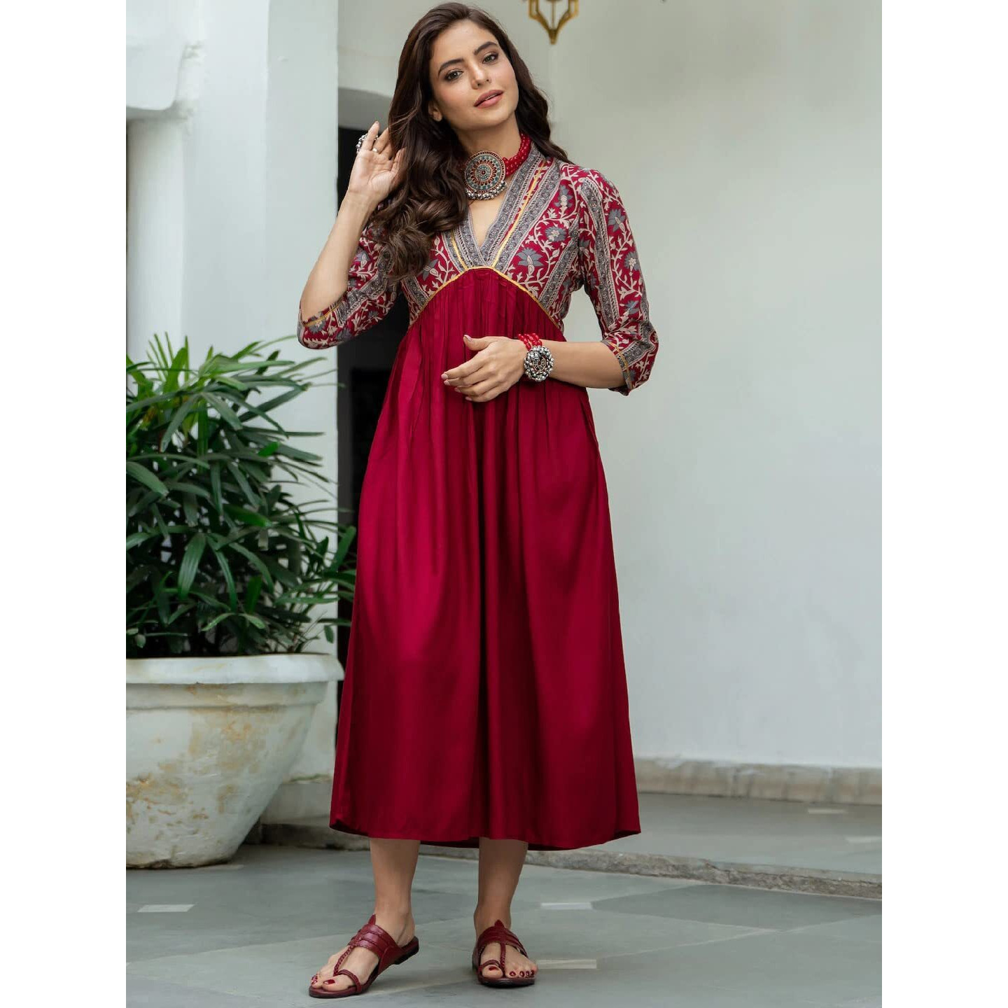 ANNI DESIGNER Women's Cotton Blend Regular Kurti (RUH-Maroon-Dress-an Large)